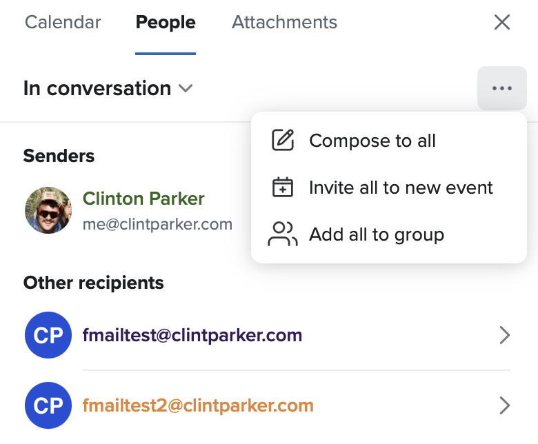 FMail3's People panel with the ... menu open, showing Add all to group below Compose to all and Invite all to new event