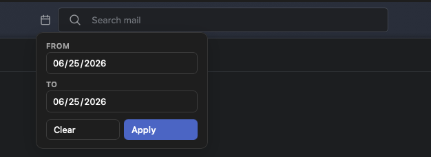 The date-range picker open below FMail3's search bar, showing From and To fields