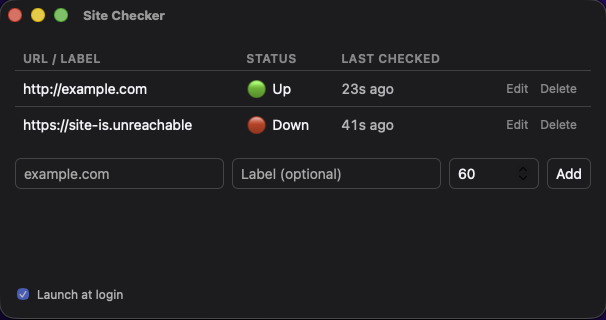 The Site Checker window: a table of sites with URL, status dot, and last-checked time, an add form beneath it, and a Launch at login checkbox